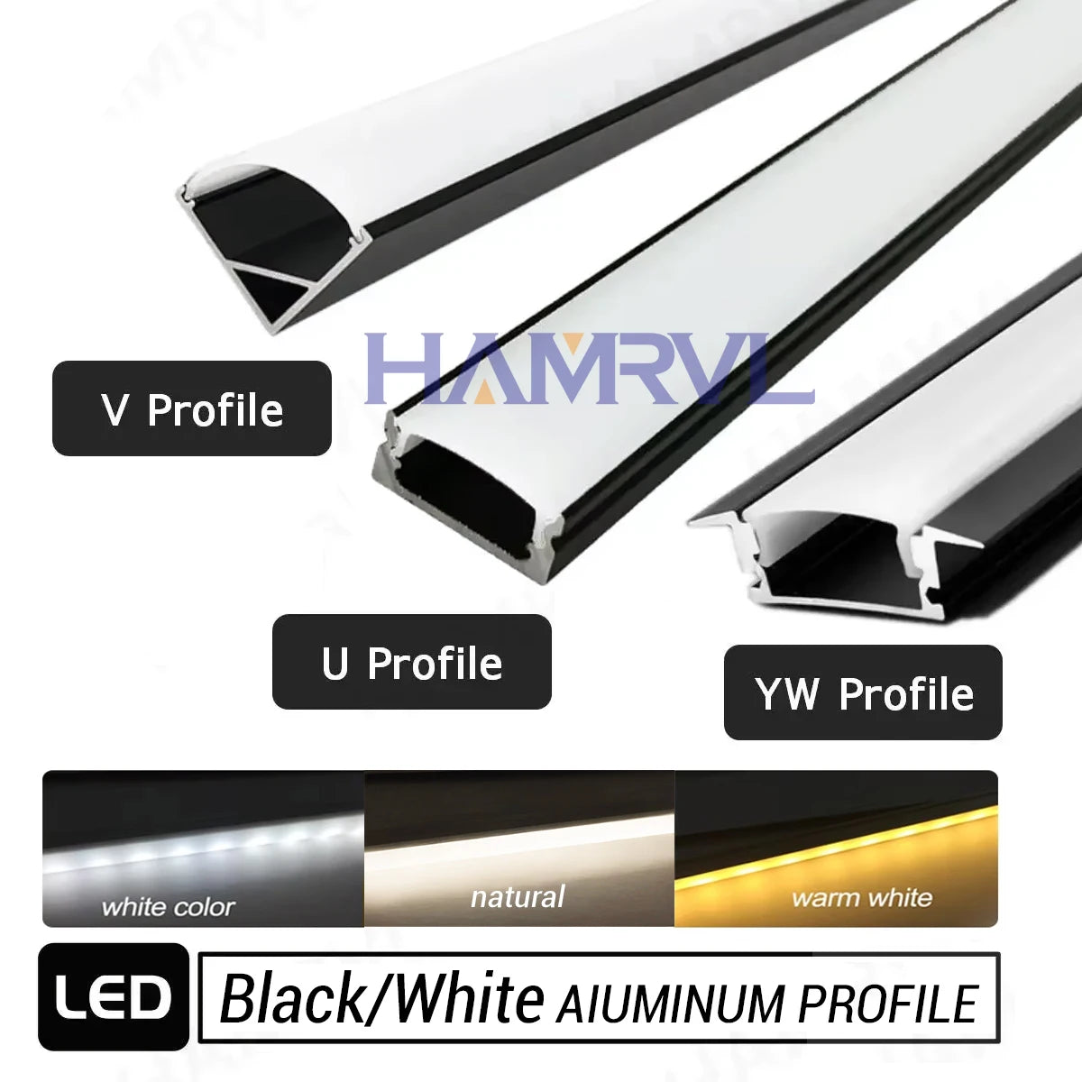 1M/0.5M Black/White LED Aluminum Channel with Led Strip warm V/U/YW Black Milky Cover Led Bar Light DC12V 6000/4000/3000K Decor
