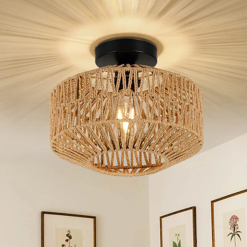 Natural Rattan Ceiling Light Chandelier Hanging E27 Lamp Handmade Fixture Weaving Home Living Room Decor Ceiling Pendant Light