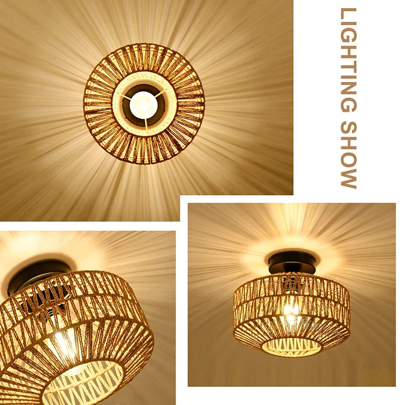 Natural Rattan Ceiling Light Chandelier Hanging E27 Lamp Handmade Fixture Weaving Home Living Room Decor Ceiling Pendant Light