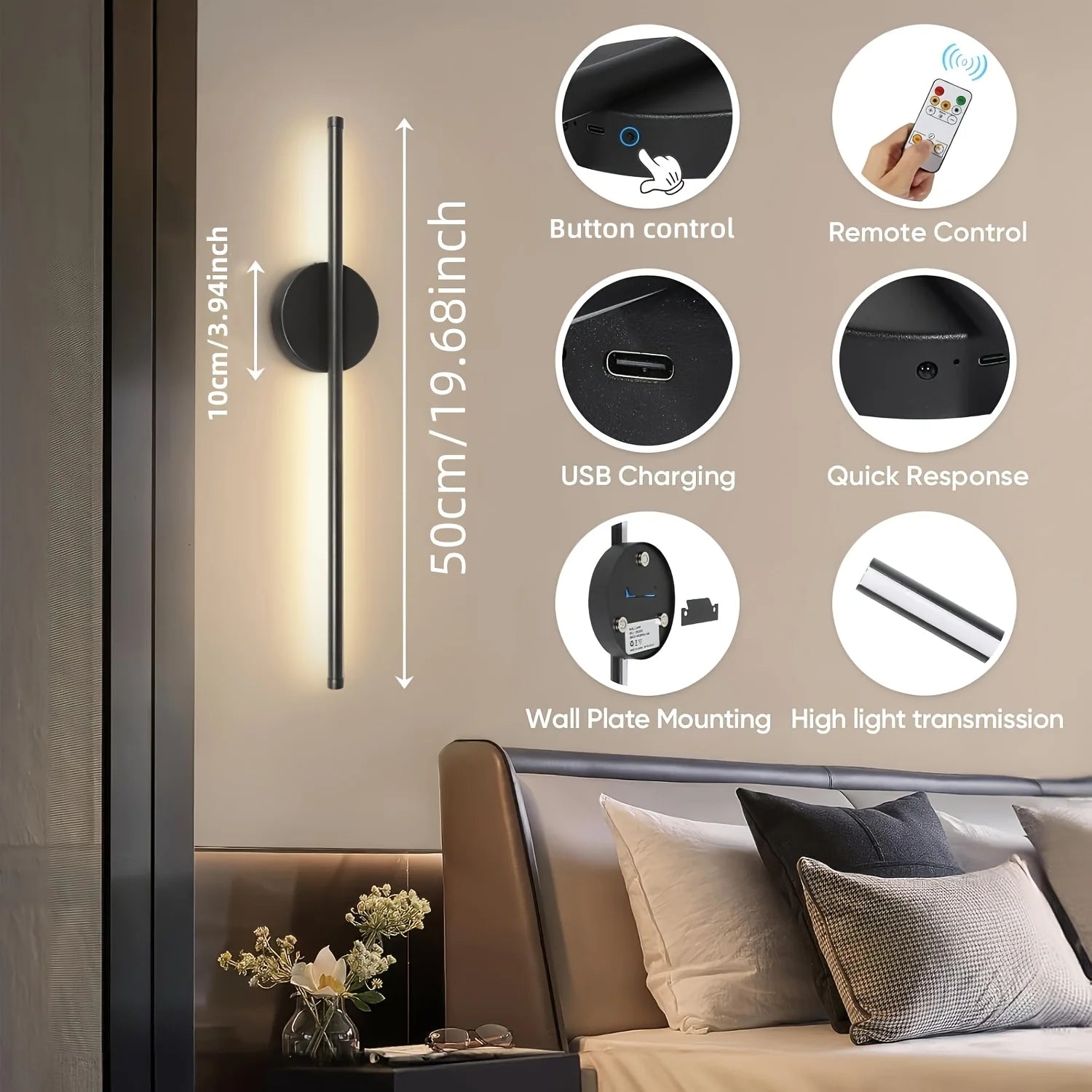 1pc battery operated wall sconce Wireless LED light 5v  with remote control USB rechargeable wall lights for bedroom living room