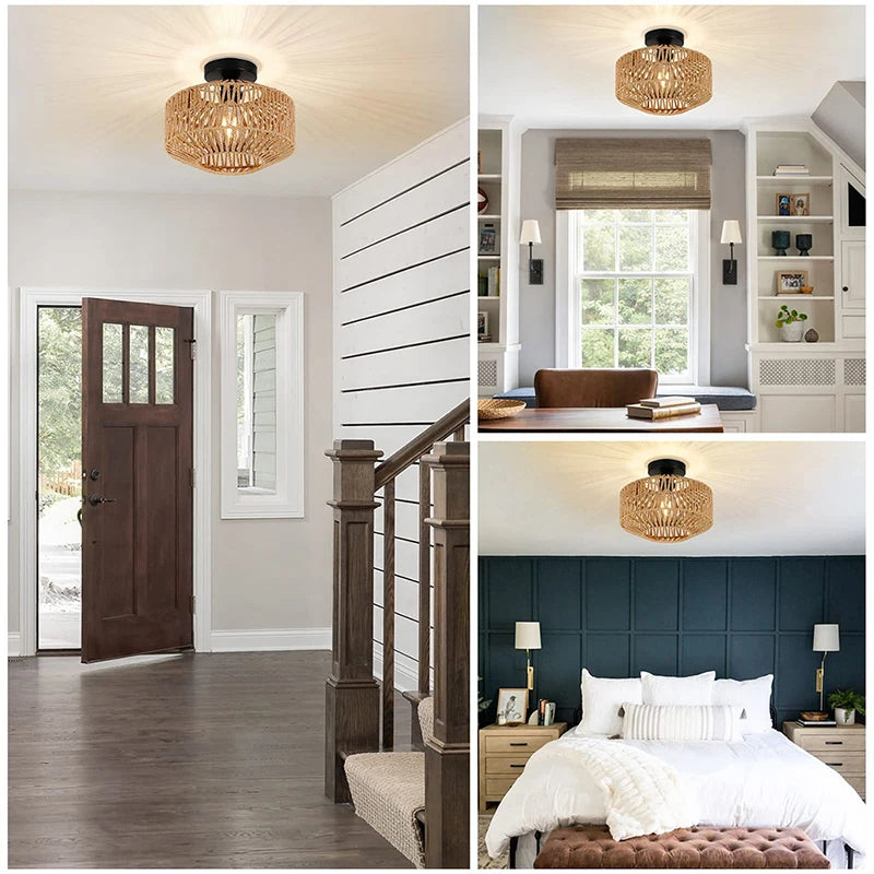 Natural Rattan Ceiling Light Chandelier Hanging E27 Lamp Handmade Fixture Weaving Home Living Room Decor Ceiling Pendant Light