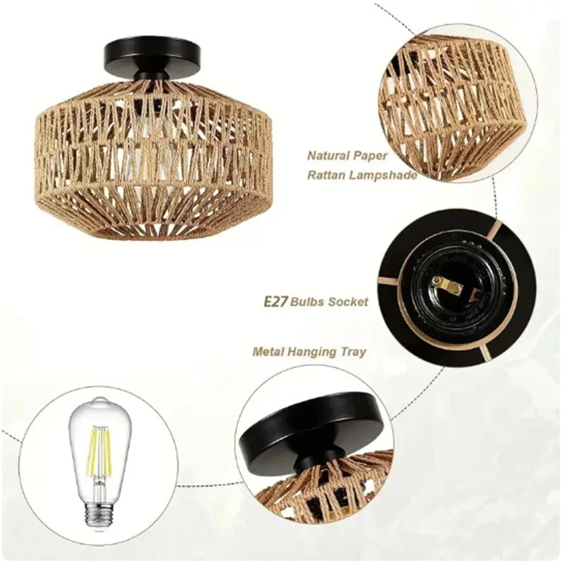 Natural Rattan Ceiling Light Chandelier Hanging E27 Lamp Handmade Fixture Weaving Home Living Room Decor Ceiling Pendant Light